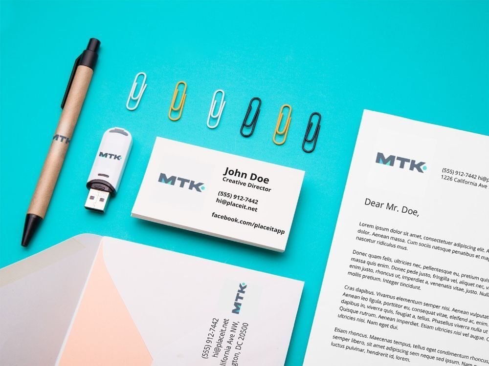 Business card, letterhead and pen