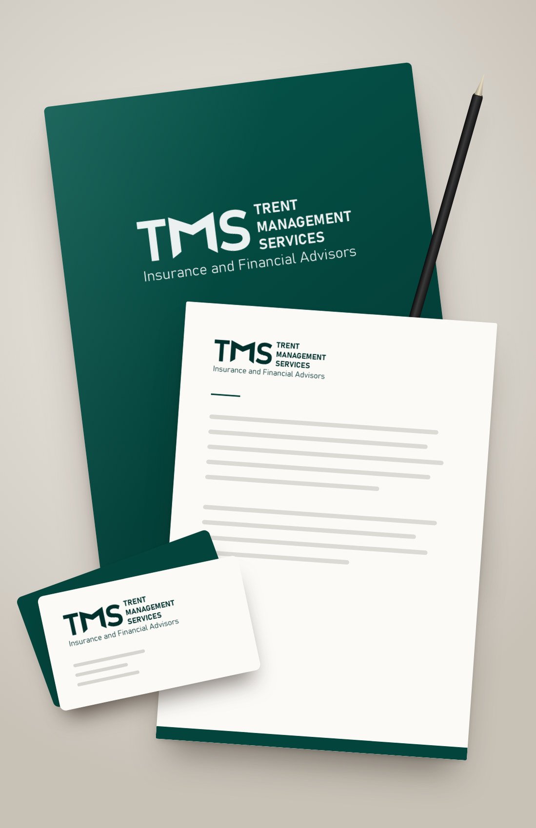 Folder, letterhead and business cards carrying the logo